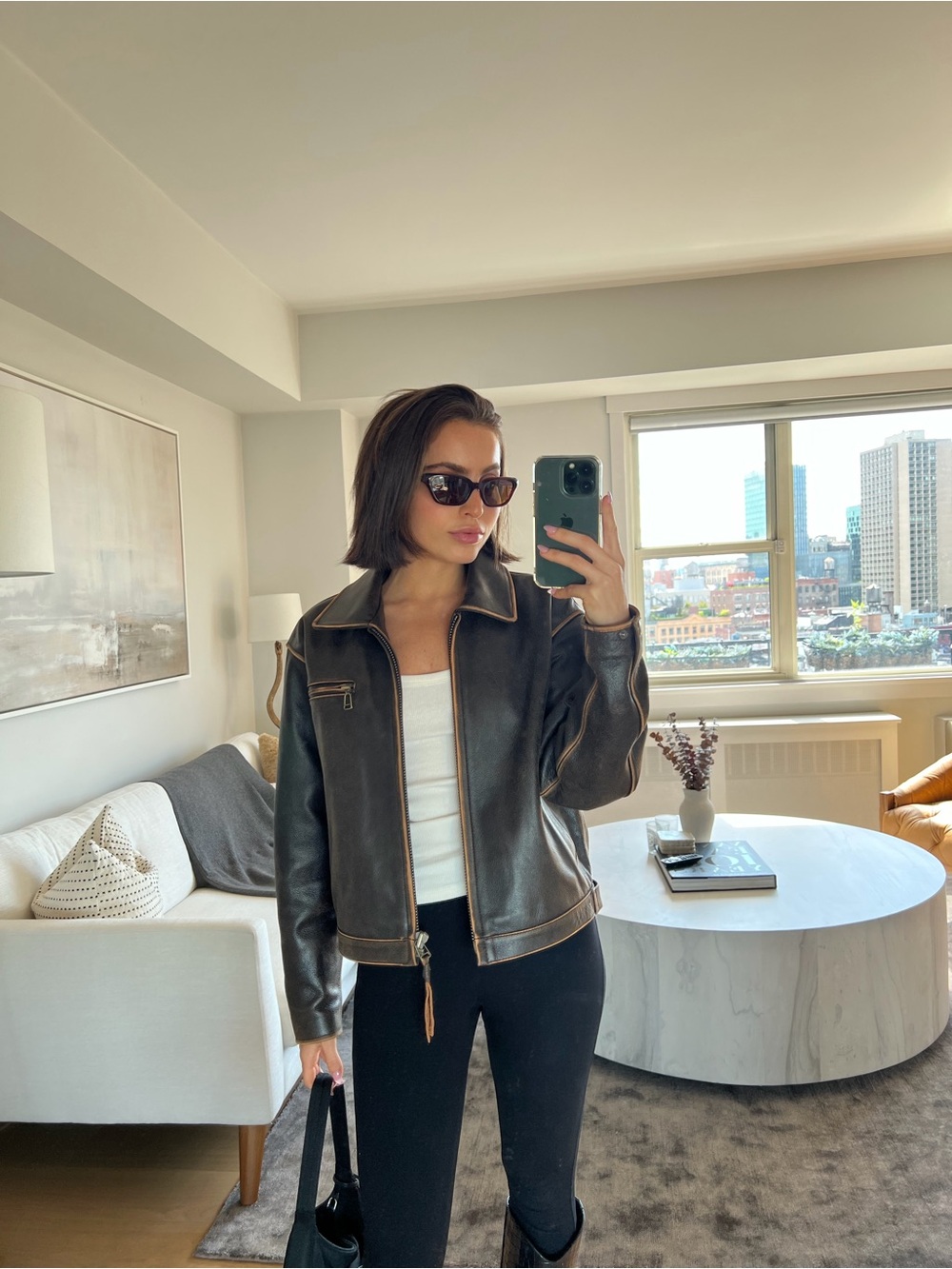 THE OPEN PRODUCT 100% BROWN LEATHER MOTO JACKET